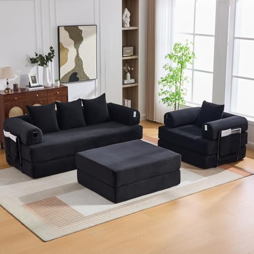 Canapé Élyra Noir - canapé modulable convertible en velours côtelé livré compressé