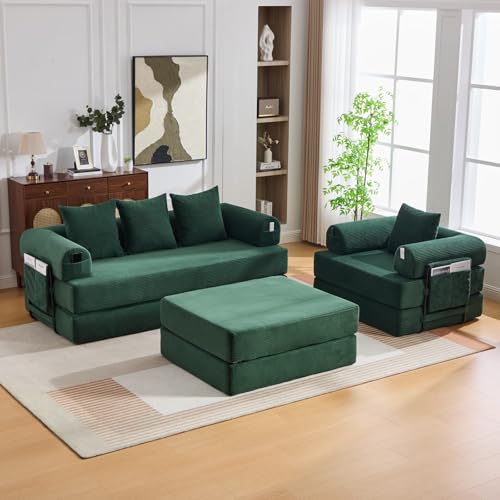 Canapé Élyra Vert - canapé modulable convertible en velours côtelé livré compressé